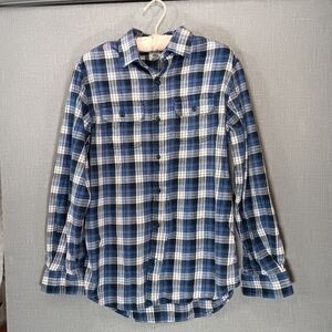 Old Navy Mens M Tall Plaid Flannel Button Up Shirt Blue White Cotton